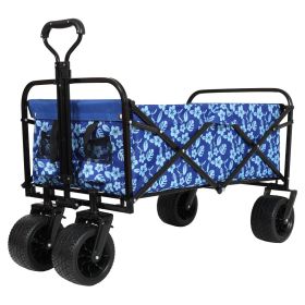 440lbs Collapsible Foldable Wagon Cart, Beach Wagon Utility Cart Utility Wagon Grocery Cart for Camping Shopping Sports Gardening Fishing, blue flower