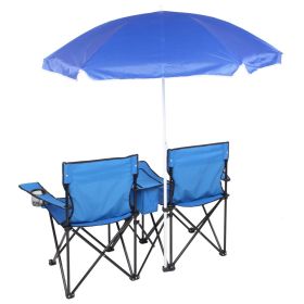 Portable Folding Picnic Double Chair with Umbrella, Table & Cooler – Beach Camping Chair, Red/Gray Palm Tree Design