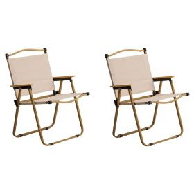 2 Pack Khaki Camping Chairs with Steel Frame 600D Oxford Fabric and Wooden Armrests Portable Kermit Style Folding Chairs Support up to 120KG for Outdo