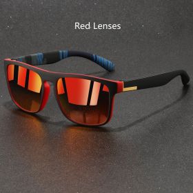 Fashion Vintage Square Sports Sunglasses Men Women Fishing Driving For Man Brand Designer Sun Glasses Anti-Glare UV400 Eyewear (Lenses Color: Red Lenses)