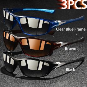 1-2-3 Pieces Vintage Sports Sunglasses Men Women Fishing Running Cycling Mountaineering Sport Man Sun Glasses Anti-Glare UV400 (Lenses Color: ClearBlue-Brown-Blac)