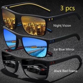 3 Pieces Vintage Check Pattern Sunglasses For Men Women Fishing Driving Fashion Square Brand Design Sun Glasses UV400 (Lenses Color: Night-Blue-BlackRed)