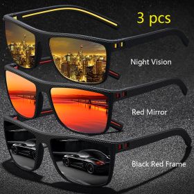 3 Pieces Vintage Check Pattern Sunglasses For Men Women Fishing Driving Fashion Square Brand Design Sun Glasses UV400 (Lenses Color: Night-Red-BlackRed)