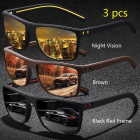 3 Pieces Vintage Check Pattern Sunglasses For Men Women Fishing Driving Fashion Square Brand Design Sun Glasses UV400 (Lenses Color: Night-Brown-BlackRed)