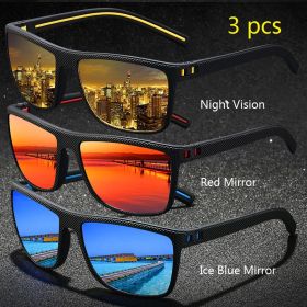 3 Pieces Vintage Check Pattern Sunglasses For Men Women Fishing Driving Fashion Square Brand Design Sun Glasses UV400 (Lenses Color: Night-Red-Blue)