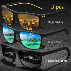 3 Pieces Vintage Check Pattern Sunglasses For Men Women Fishing Driving Fashion Square Brand Design Sun Glasses UV400 (Lenses Color: Night-Green-BlackRed)