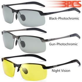 Men Photochromic Polarized Sunglasses Driving Fishing Chameleon Glasses Change Color Sun Glasses Day Night Vision UV400 Eyewear (Lenses Color: Black- Gun-Night)