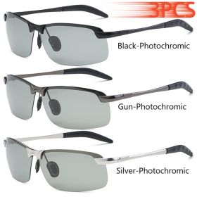 Men Photochromic Polarized Sunglasses Driving Fishing Chameleon Glasses Change Color Sun Glasses Day Night Vision UV400 Eyewear (Lenses Color: Black-Gun-Silver)