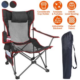 Foldable Camping Chair 330LBS Load Heavy Duty Steel Lawn Chair Collapsible Chair with Reclining Backrest Angle Cup Holder Pillow Side Pocket Carry Bag (Option: Black)