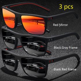 3 Pieces Vintage Check Pattern Sunglasses For Men Women Fishing Driving Fashion Square Brand Design Sun Glasses UV400 (Lenses Color: Red-Gray-BlackRed)