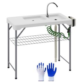 Outsunny Folding Fish Cleaning Table with Sinks, Portable Camping Sink Table with Faucet, Drainage Hose, Sprayer, Shelf, Drawer and Storage Basket (Color: White)