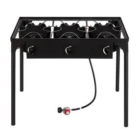 Outdoor Camp Stove High Pressure Propane Gas Cooker Portable Cast Iron Patio Cooking Burner (Three Burner 225000-BTU) (Color: as picture)