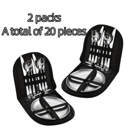 two set of 10 portable stainless steel tableware, suitable for hotels/restaurants/gatherings, hiking, and camping adventures. There are plates, forks (colour: black)