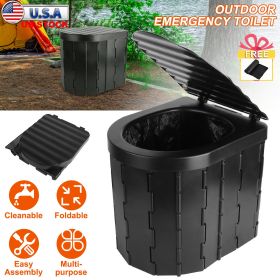 Foldable Emergency Toilet Portable Porta Potty for Car Travel Camping Boating Hiking Cleanable Travel Commode with Lid Carry Bag 1 Roll Garbage Bags (Color: Black)
