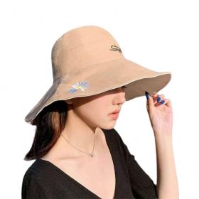 Bucket Hats Women Men Fishing Caps Reversible Double Sided Daisys Embroidery Sun Protection Hat Fisherman Cap (Color: Camel)