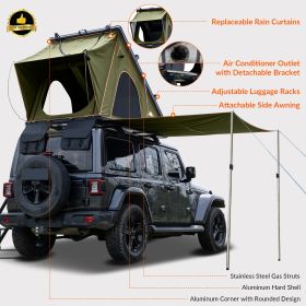 Explorer Plus Rooftop Tent Hardshell with Side Awning, Air Conditioner Outlet with Bracket, Luggage Racks&Replaceable Netting Rain Curtain (Color: Olive Green)