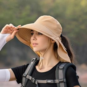 Wide Brim Shawl Ponytail Bucket Hat For Women; Outdoor Fishing Hiking UV Protection Bonnet (Color: 5# Pink)
