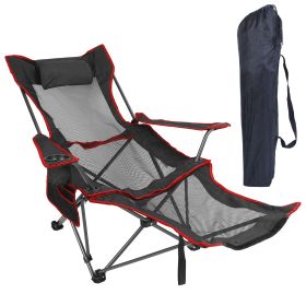Foldable Camping Chair Collapsible Reclining Chair 330LBS Load Heavy Duty Steel Lawn Chair with Reclining Backrest Angle Cup Holder Pillow Side Pocket (Color: Black)