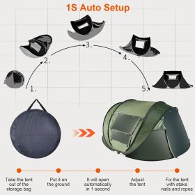 Pop Up Tent Automatic Setup Camping Tent Waterproof Instant Setup Tent with 4 Mosquito Net Windows Carrying Bag for Hiking Climbing Adventure Fishing (Type: Green_5_8Person_Standard)